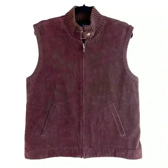 Vintage Lauren Ralph Lauren Chocolate Brown Corduroy Rib Zip Vest Jacket Size XL - Picture 1 of 8